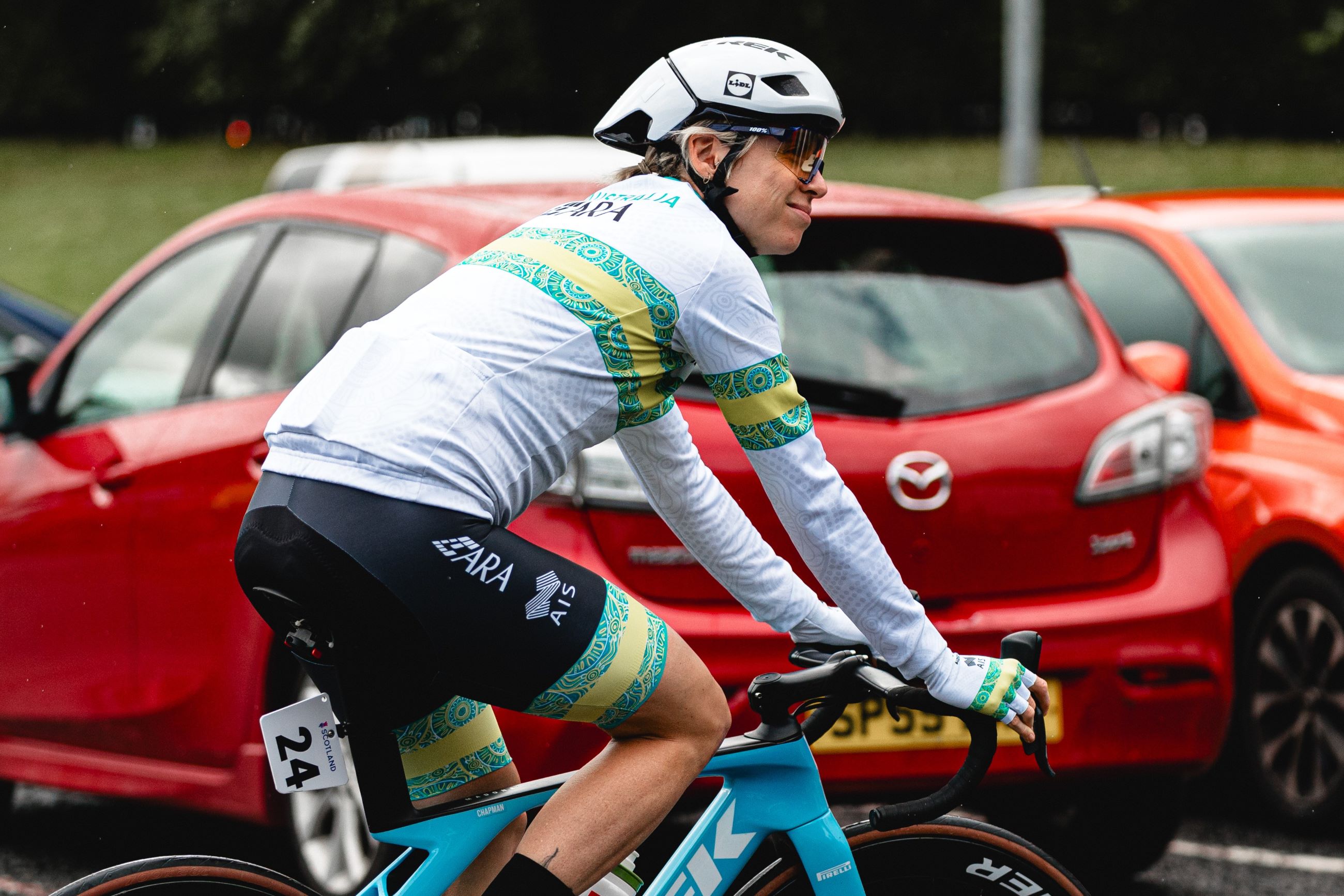 Australian cyclist Brodie Chapman in the ARA Australian Cycling Team jersey ahead of the elite women road race at the 2023 UCI Road World Championships in Glasgow Scotland